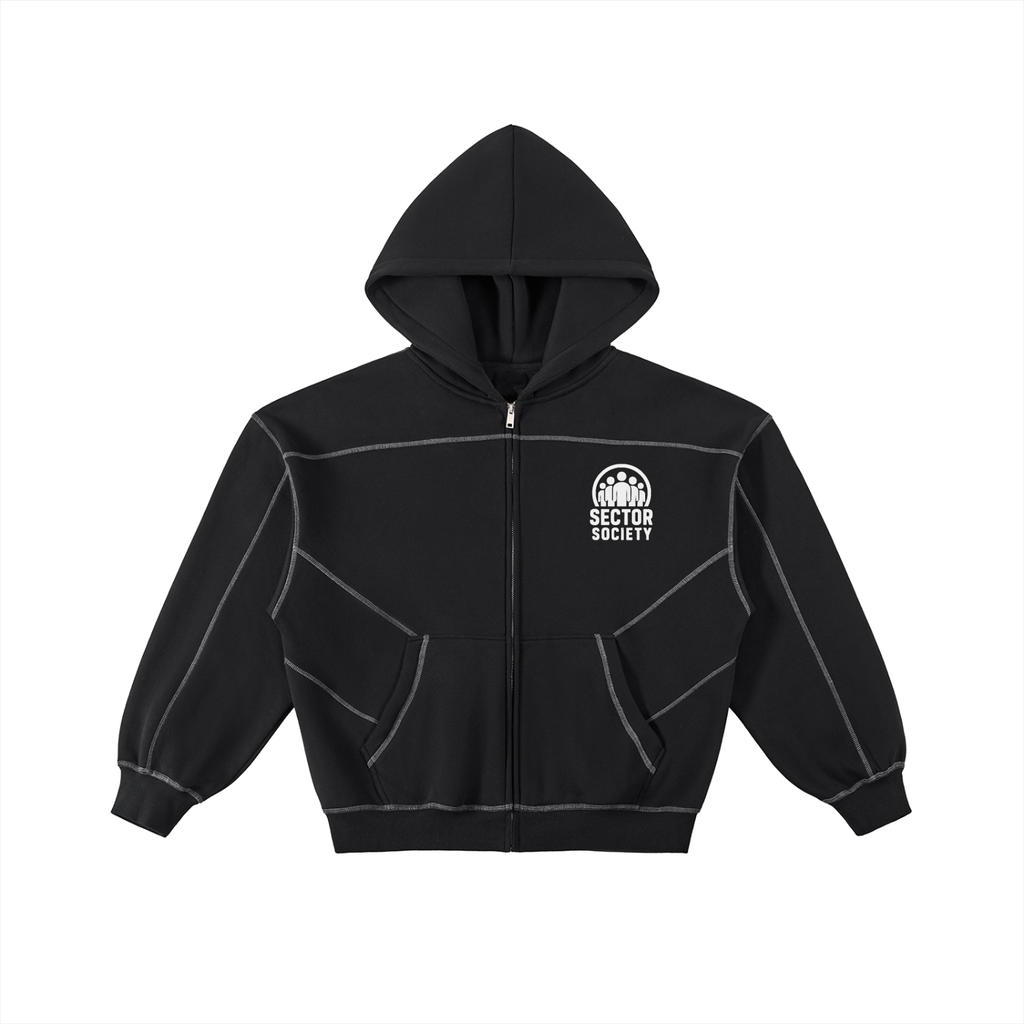 Contrast-Stitched Boxy Fleece Zip Hoodie