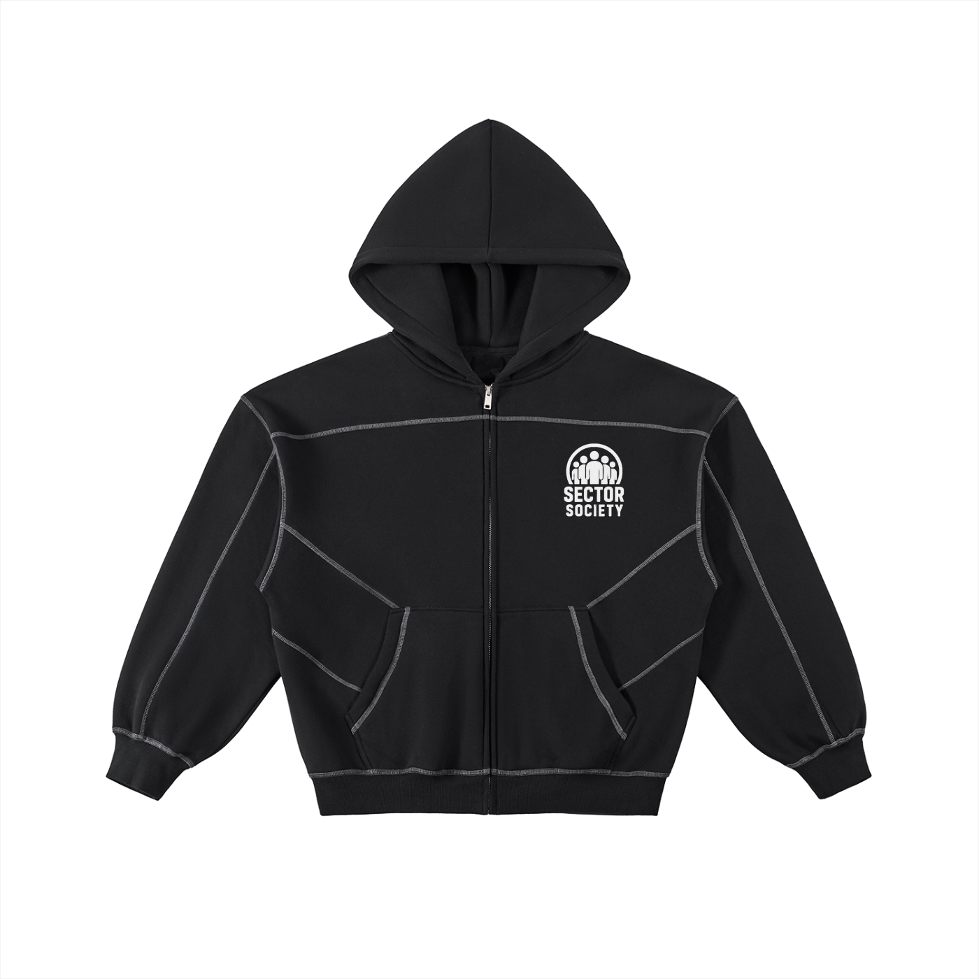 Contrast-Stitched Boxy Fleece Zip Hoodie